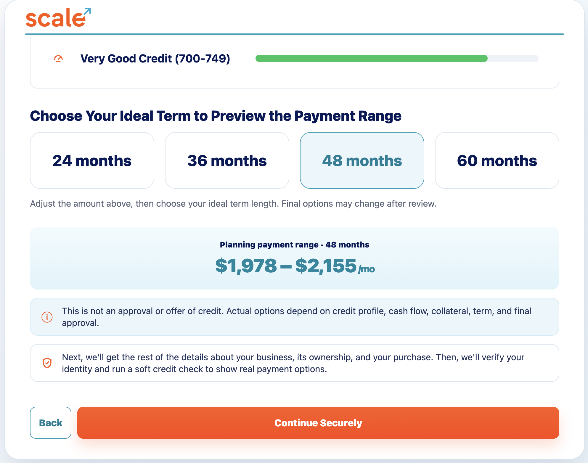 Application payment range preview screen